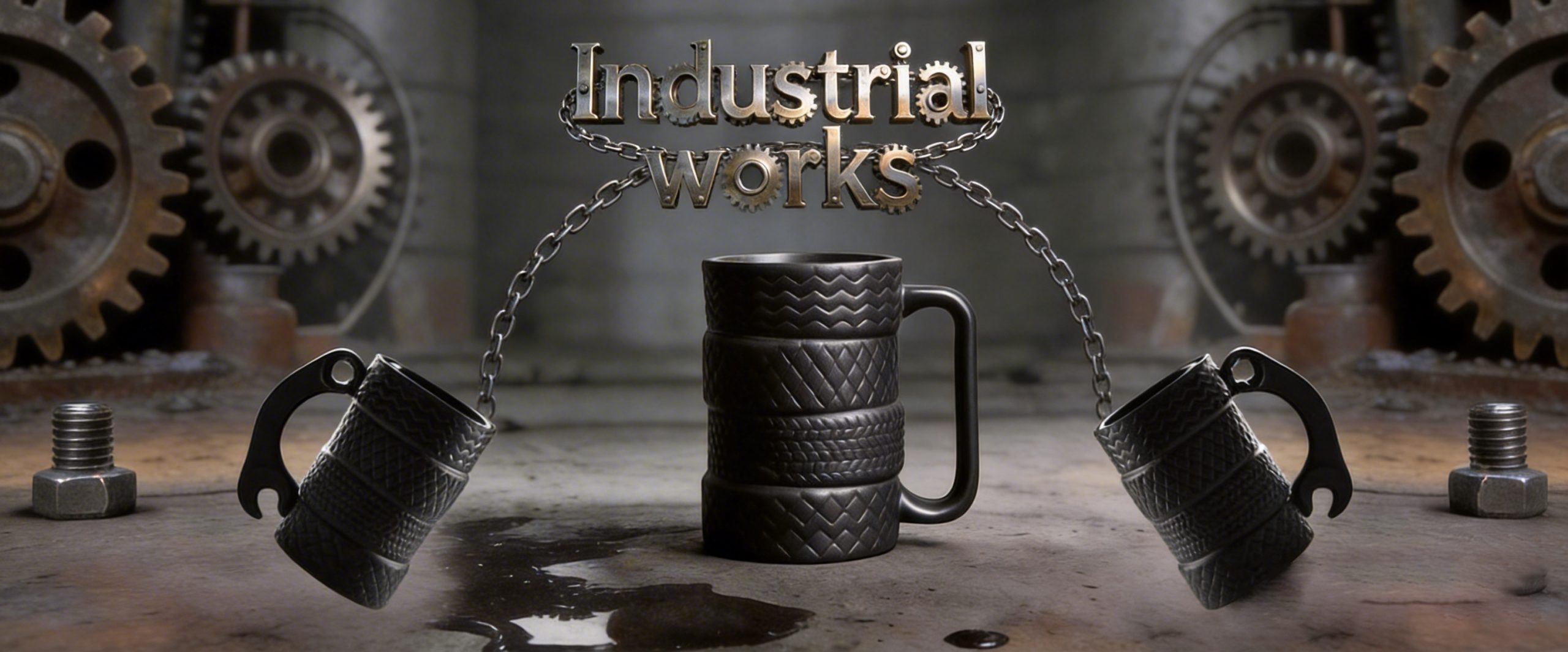 jimeng 2026 03 31 9213 优化图片排版布局，采用对称式构图，主工业风杯子位于画面正中心，另外两个杯子分别在...