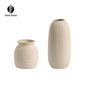 Form Feast beige ribbed matte ceramic vases, sold individually for bulk orders