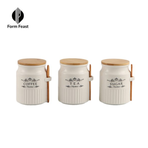 Form Feast HD5091S 3-piece ceramic canister set with bamboo lids for coffee tea sugar, wholesale kitchen storage