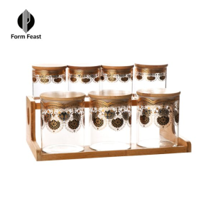 Form Feast 7-Piece Airtight Glass Canister Set with Gold Embossing & Wooden Rack, Wholesale Food Storage Containers