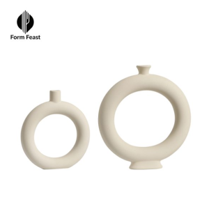 Product display of Form Feast beige matte donut ceramic vases, small and large size options for bulk decor ordering
