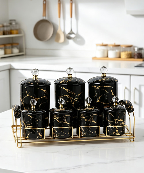 black gold marble ceramic airtight jar 7pcs set, B2B wholesale, custom logo available