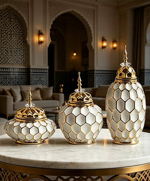 white gold hexagon textured ceramic decorative jar set, B2B wholesale for home decor, custom OEM available