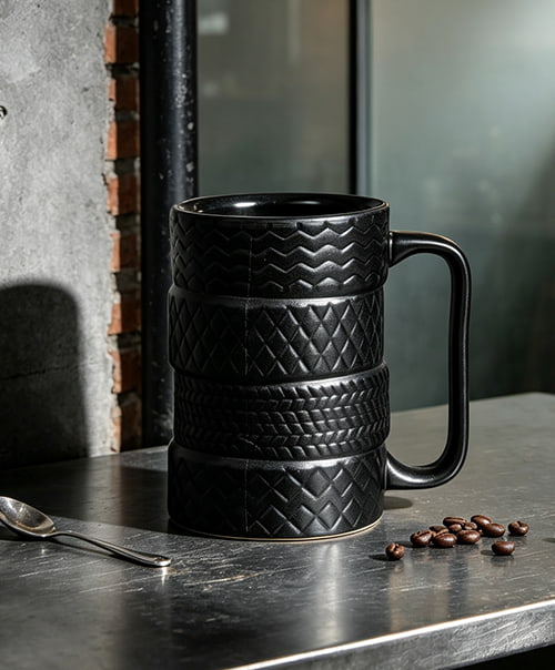 black tire textured ceramic mug for B2B wholesale, custom logo and OEM available