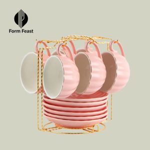 Pink 12-piece ceramic coffee cup and saucer set with gold rack - Form Feast wholesale