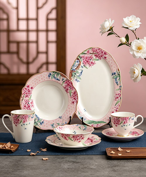 elegant floral porcelain dinnerware set, pink flower ceramic plates cups bowls home tableware