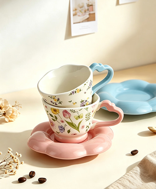Wholesale floral ceramic cup saucer set with heart handle