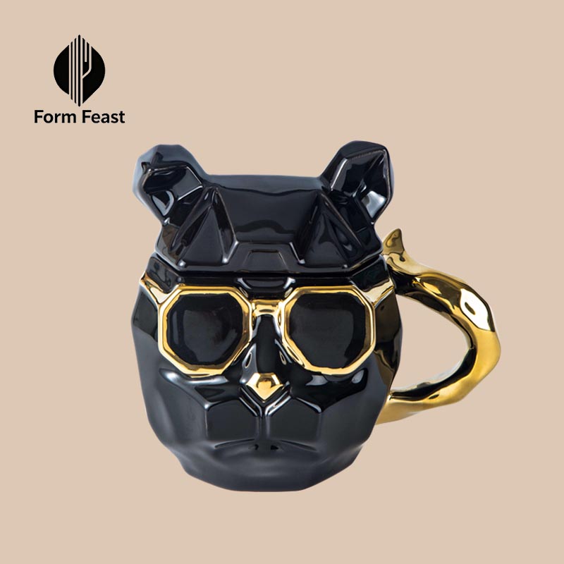Black French Bulldog ceramic mug with Form Feast logo - custom wholesale