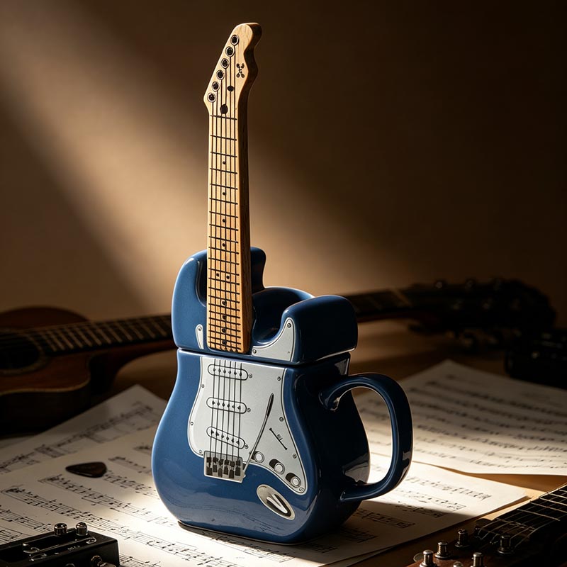 Blue guitar ceramic mug 450ml lifestyle shot with guitar - Form Feast