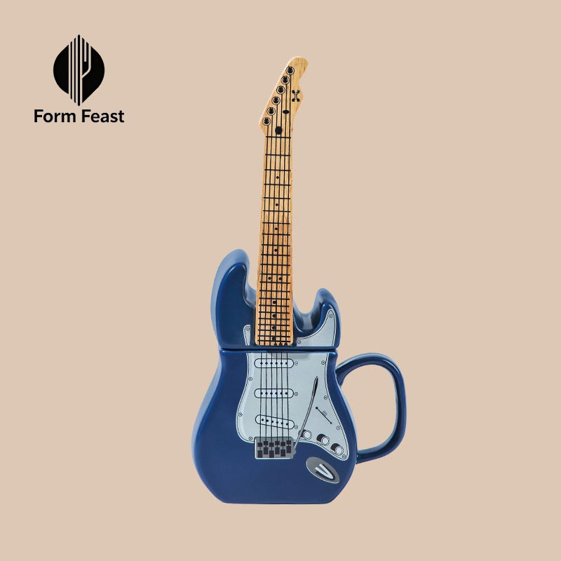 Blue guitar ceramic mug 450ml with Form Feast logo - custom wholesale