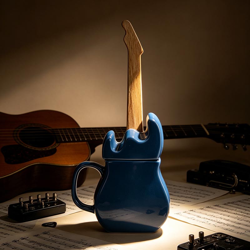 blue guitar ceramic mug 450ml studio shot with guitar background - Form Feast