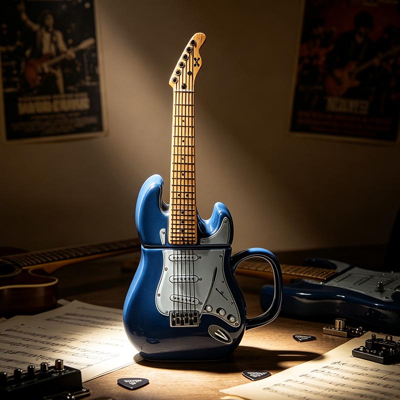 Blue guitar ceramic mug 450ml 3D detail - Form Feast wholesale