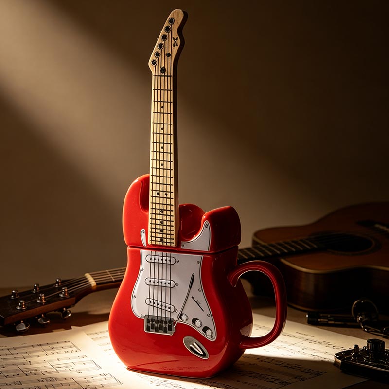 Red guitar ceramic mug 450ml 3D detail - Form Feast wholesale