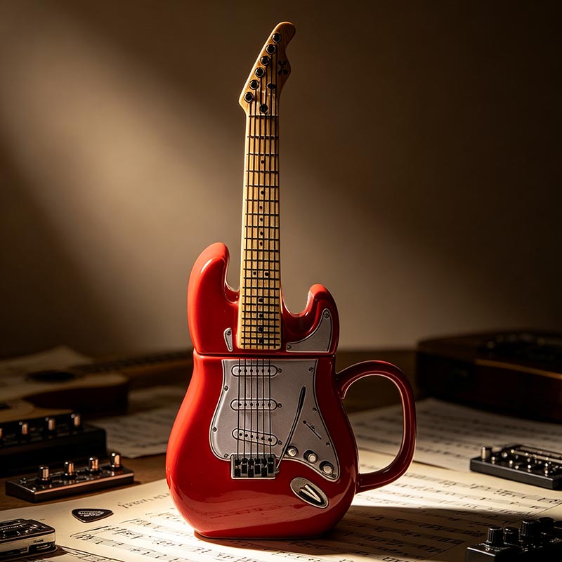 Red guitar ceramic mug 450ml lifestyle shot on music sheet - Form Feast