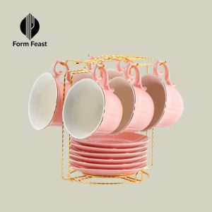 Pink HA-2023 12-piece ceramic coffee cup and saucer set with gold rack - Form Feast wholesale
