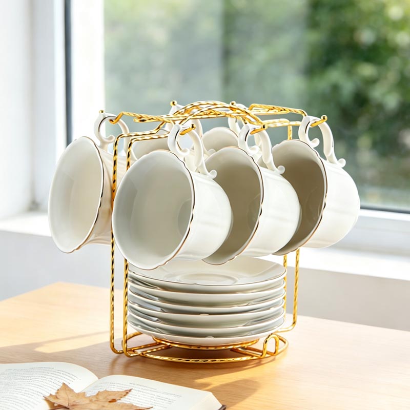 White HA-2023 12-piece ceramic coffee cup and saucer set by window - Form Feast