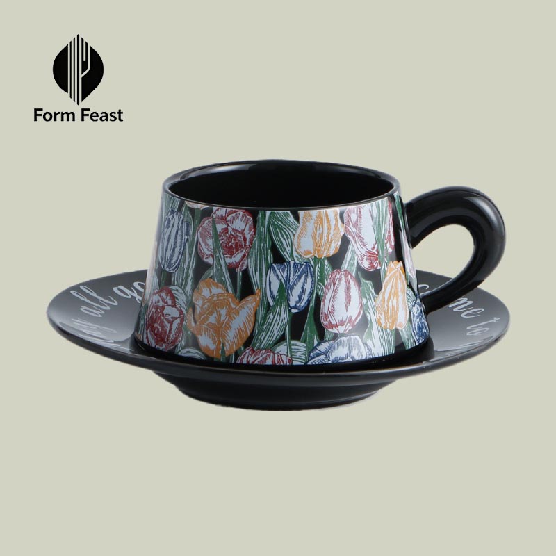 Black HA-2041 ceramic coffee cup and saucer set 320ml with floral pattern - Form Feast wholesale