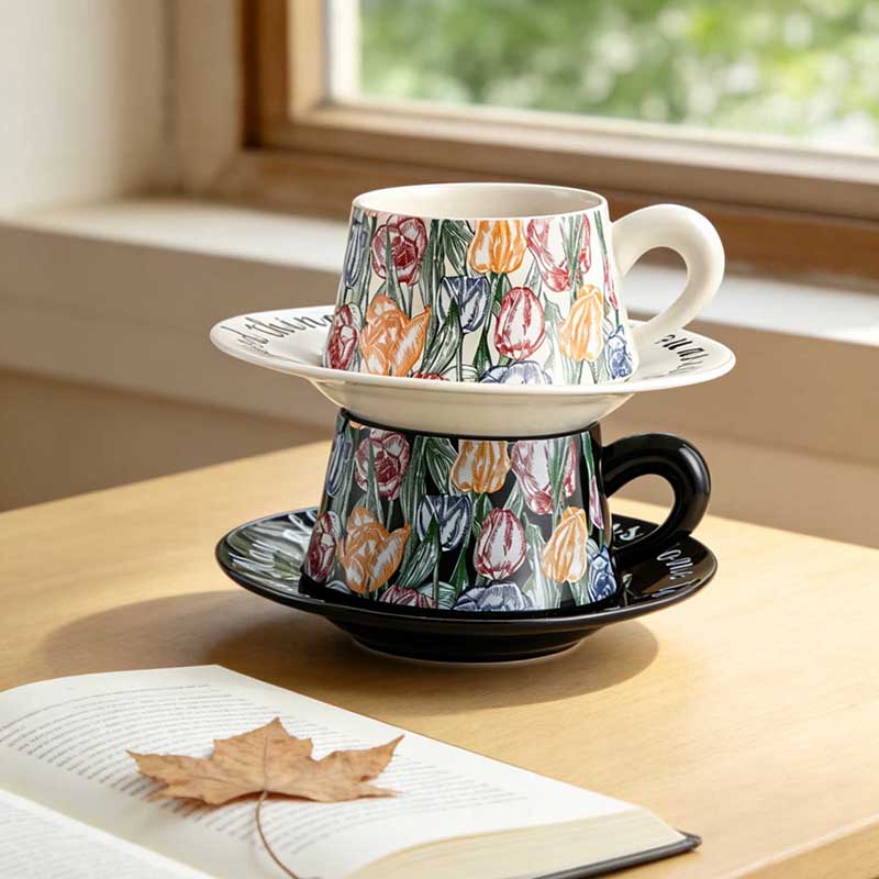 HA-2041 ceramic coffee cup and saucer set with floral pattern by window - Form Feast