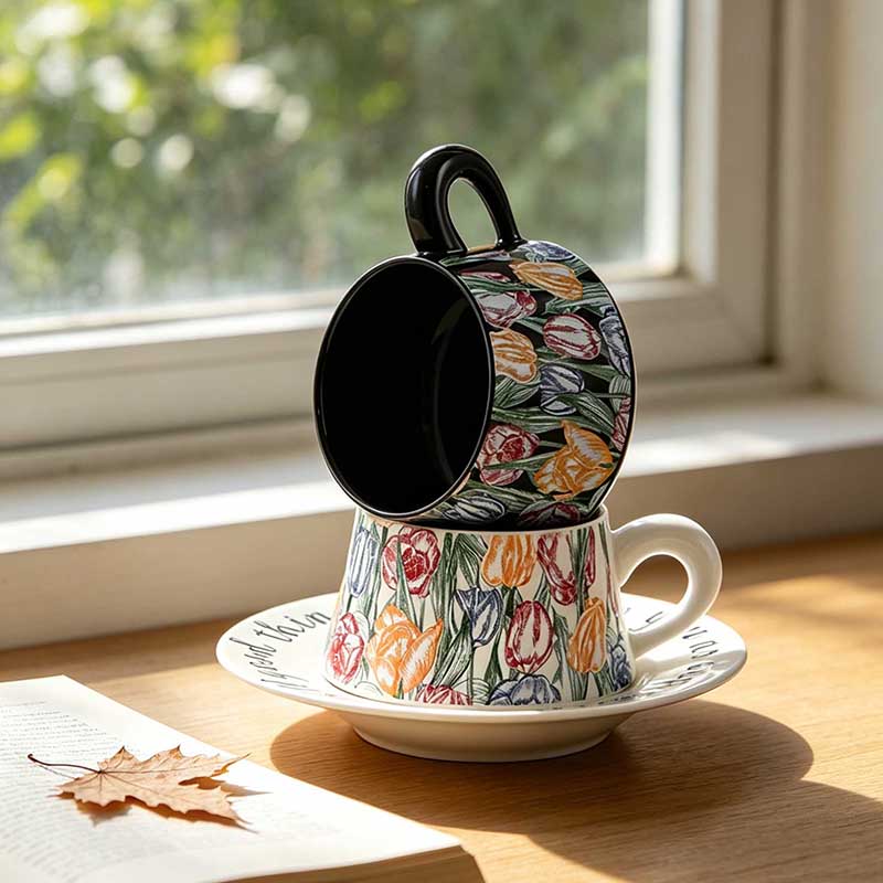 HA-2041 ceramic coffee cup and saucer set stacked by window - Form Feast