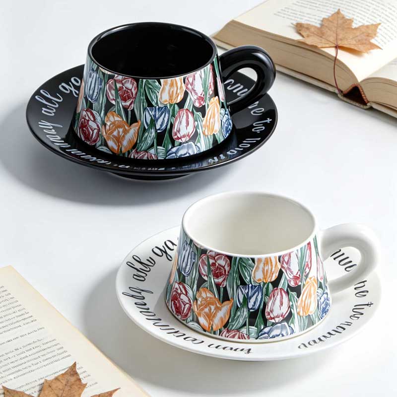 HA-2041 ceramic coffee cup and saucer set on book with maple leaf - Form Feast