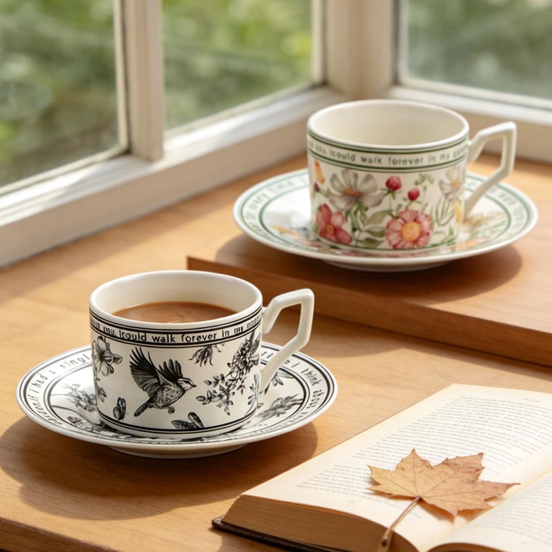 HA-2045 bird ceramic coffee cup and saucer set on table with book - Form Feast