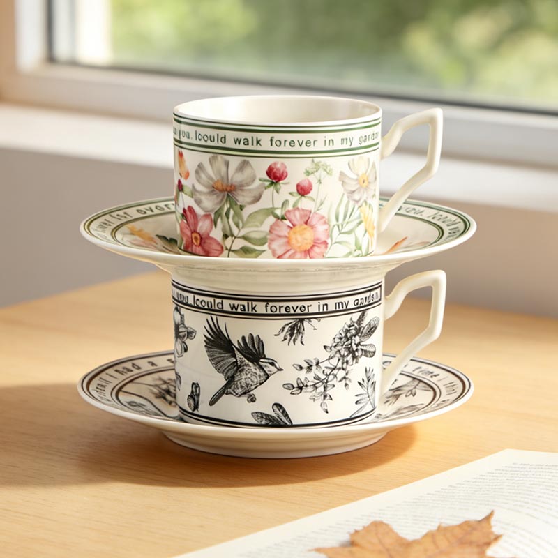 HA-2045 bird ceramic coffee cup and saucer set stacked by window - Form Feast