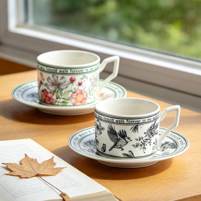 HA-2045 bird ceramic coffee cup and saucer set on book with maple leaf - Form Feast