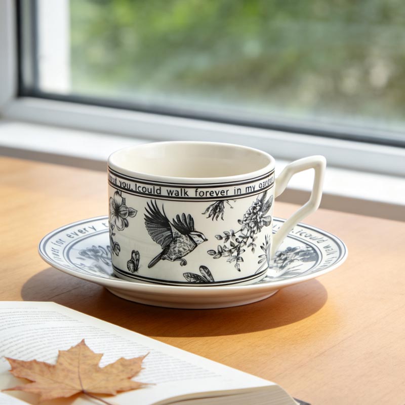 HA-2045 bird ceramic coffee cup and saucer set on table with maple leaf - Form Feast