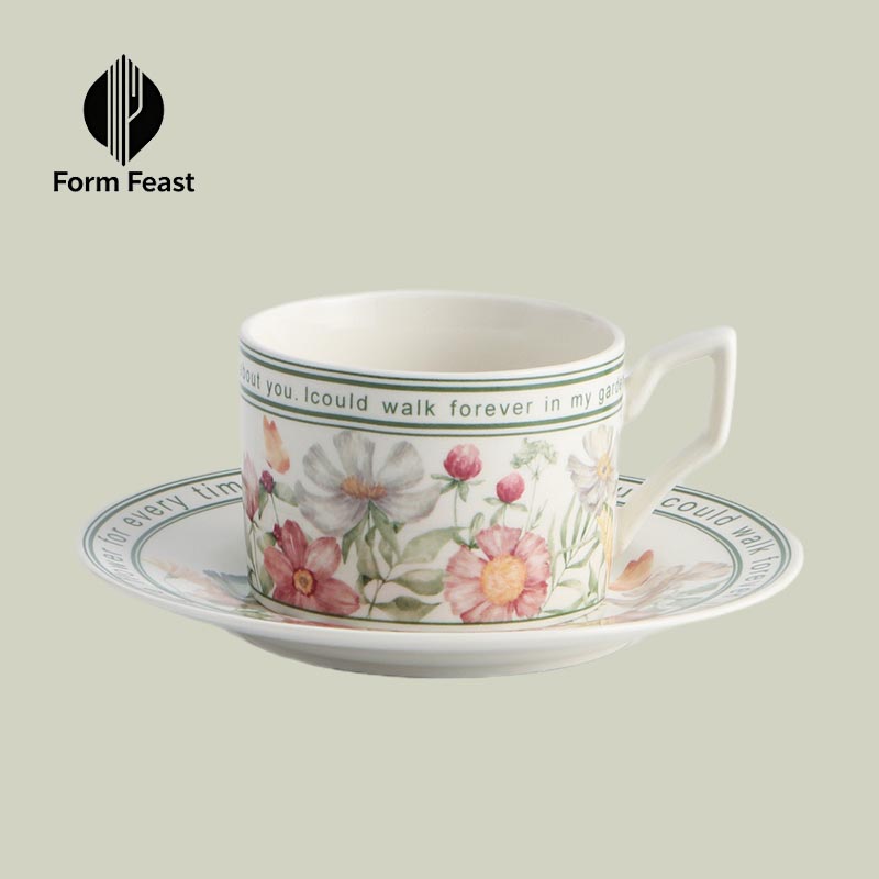 HA-2046 floral ceramic coffee cup and saucer set 310ml - Form Feast wholesale
