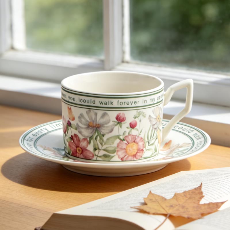 HA-2046 floral ceramic coffee cup and saucer set by window with maple leaf - Form Feast