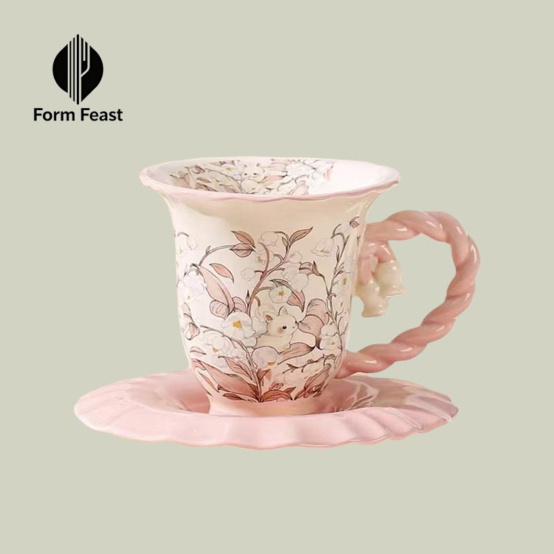 Pink HA-2055 bellflower ceramic coffee cup and saucer 310ml - Form Feast wholesale