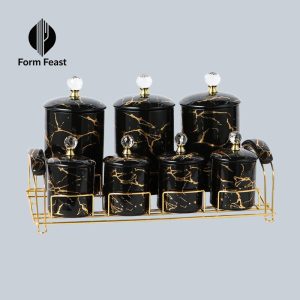 Black HD-5060L 7-piece ceramic storage jar set with gold rack - Form Feast wholesale