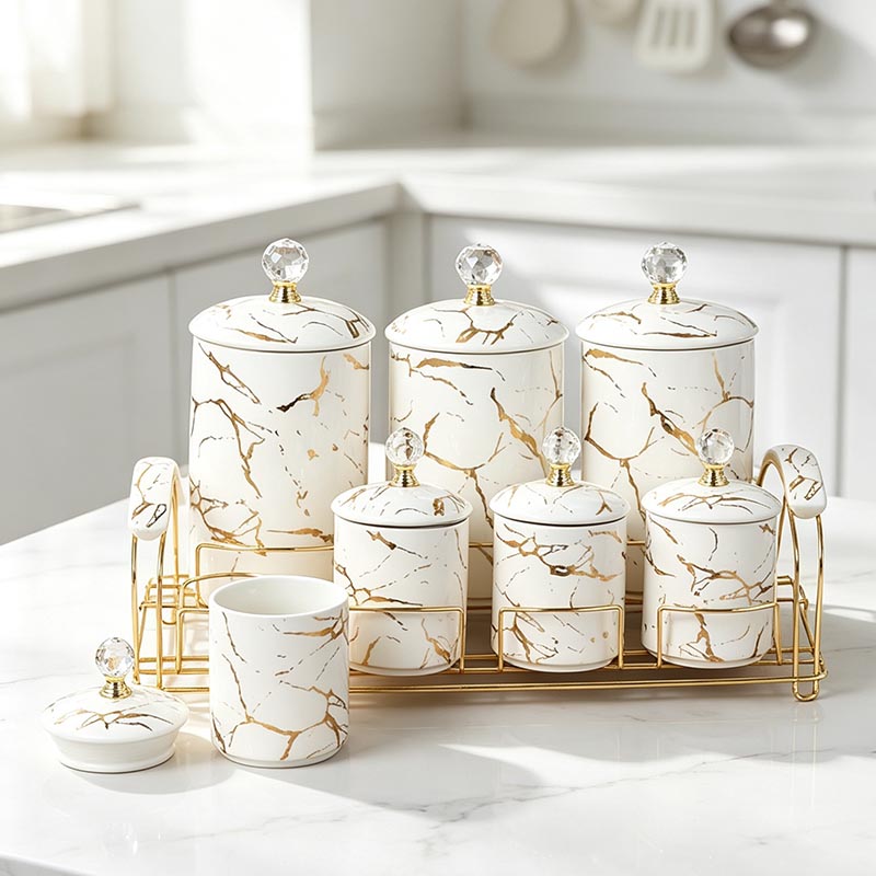 HD-5060L ceramic storage jar set with gold rack in kitchen - Form Feast