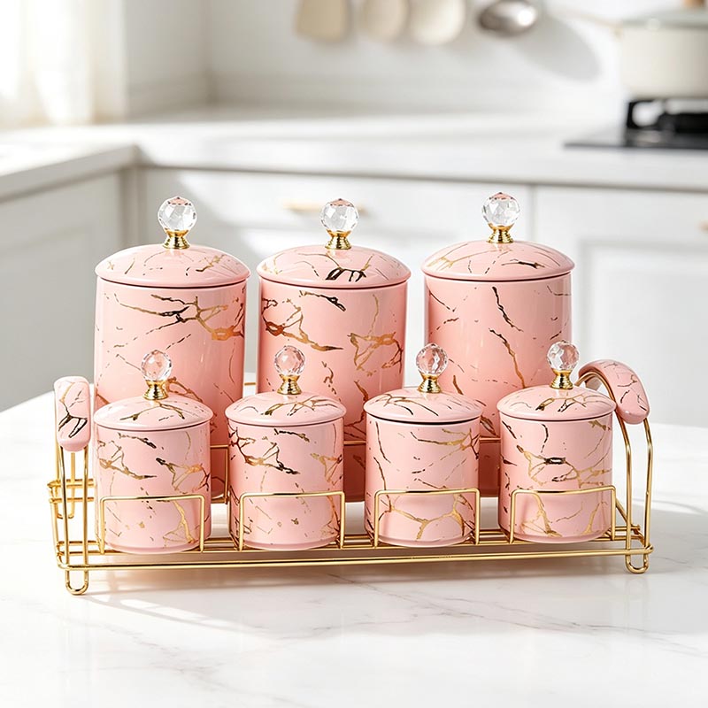 HD-5060L ceramic storage jar set pink on kitchen counter - Form Feast