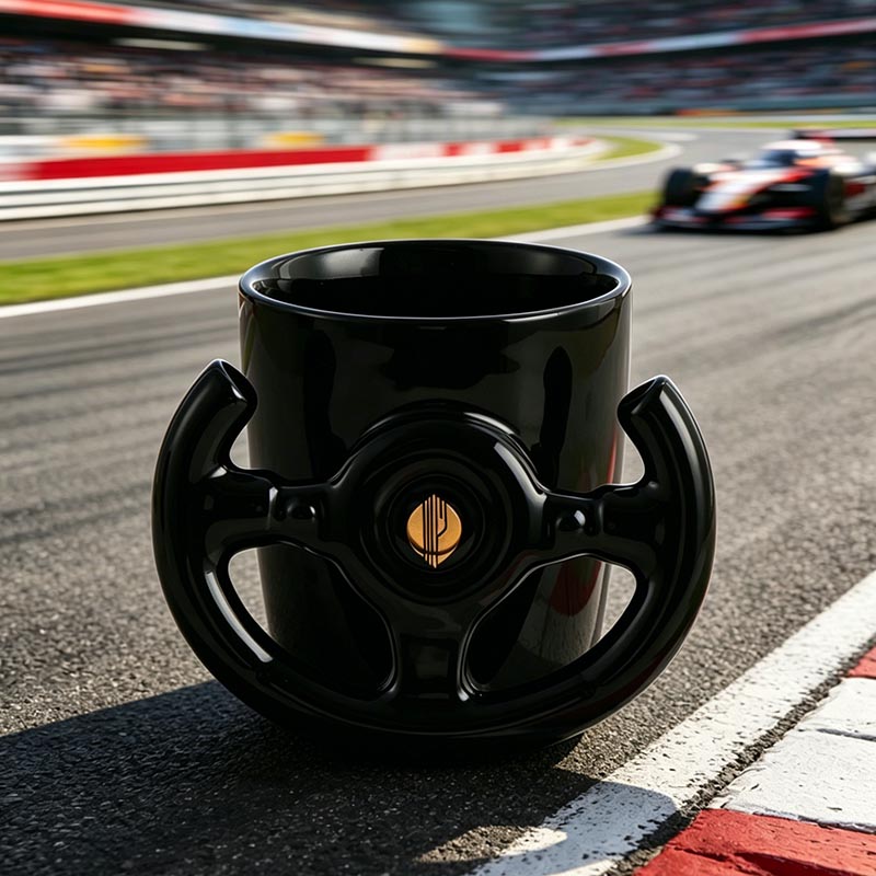 HH-0029 steering wheel ceramic mug on race track - Form Feast