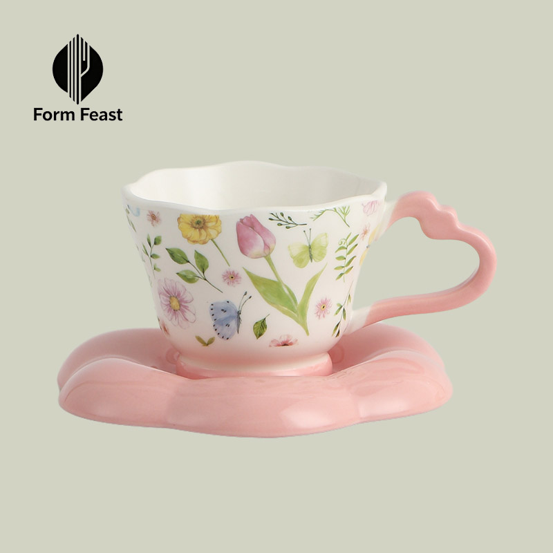 Pink HH-8638 ceramic coffee cup and saucer 300ml with floral design and petal saucer - Form Feast wholesale