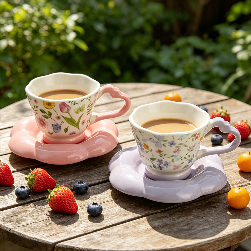 HH-8638 ceramic coffee cup and saucer set on garden table - Form Feast