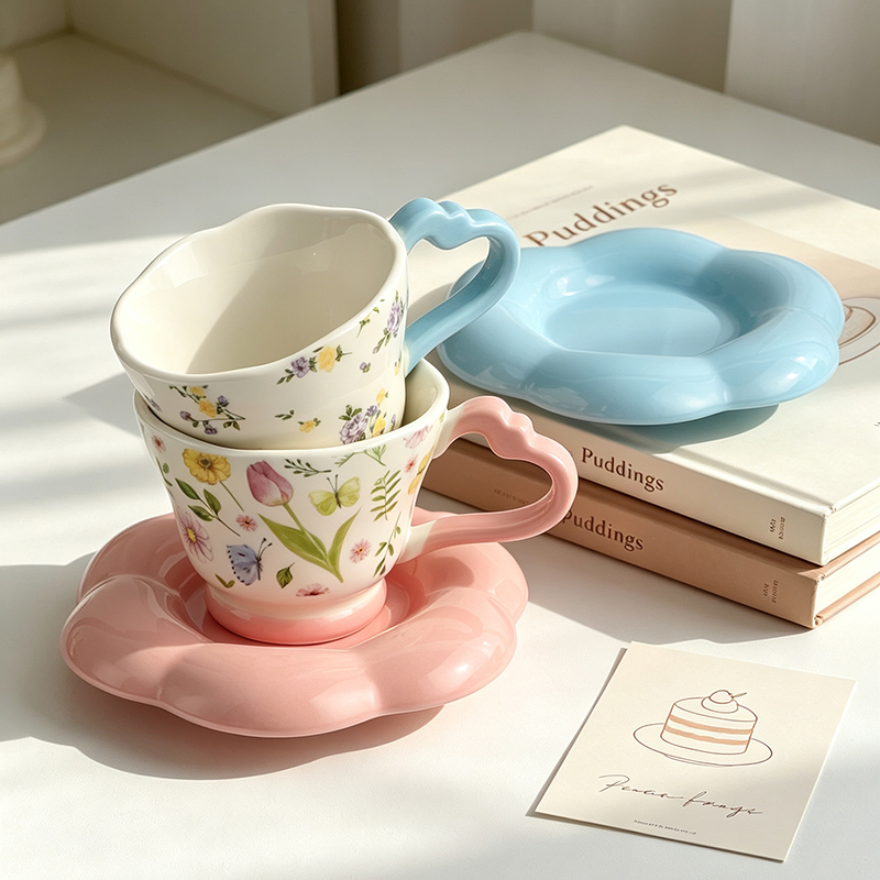 HH-8638 ceramic coffee cup and saucer set on table with book - Form Feast