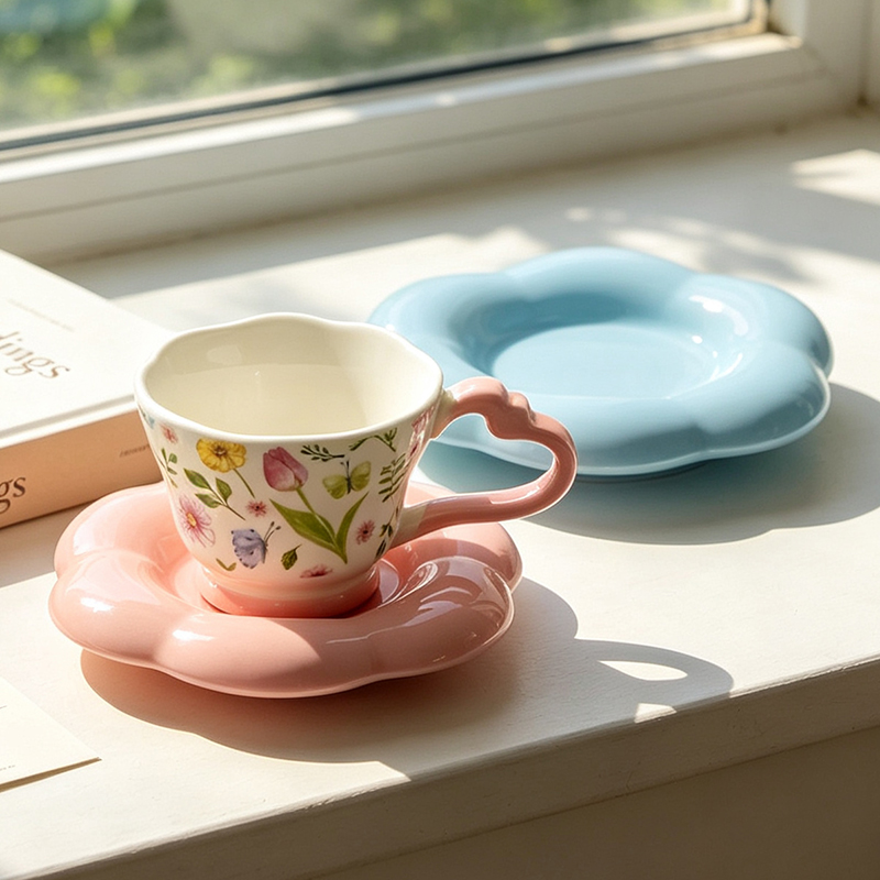 HH-8638 ceramic coffee cup and saucer set by window with blue saucer - Form Feast