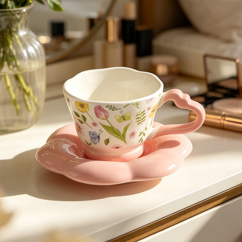 HH-8638 ceramic coffee cup and saucer set on table with flower vase - Form Feast