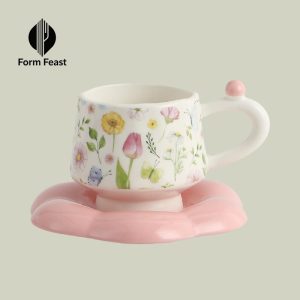 Pink HH-8640 ceramic coffee cup and saucer 350ml with floral design and petal saucer - Form Feast wholesale