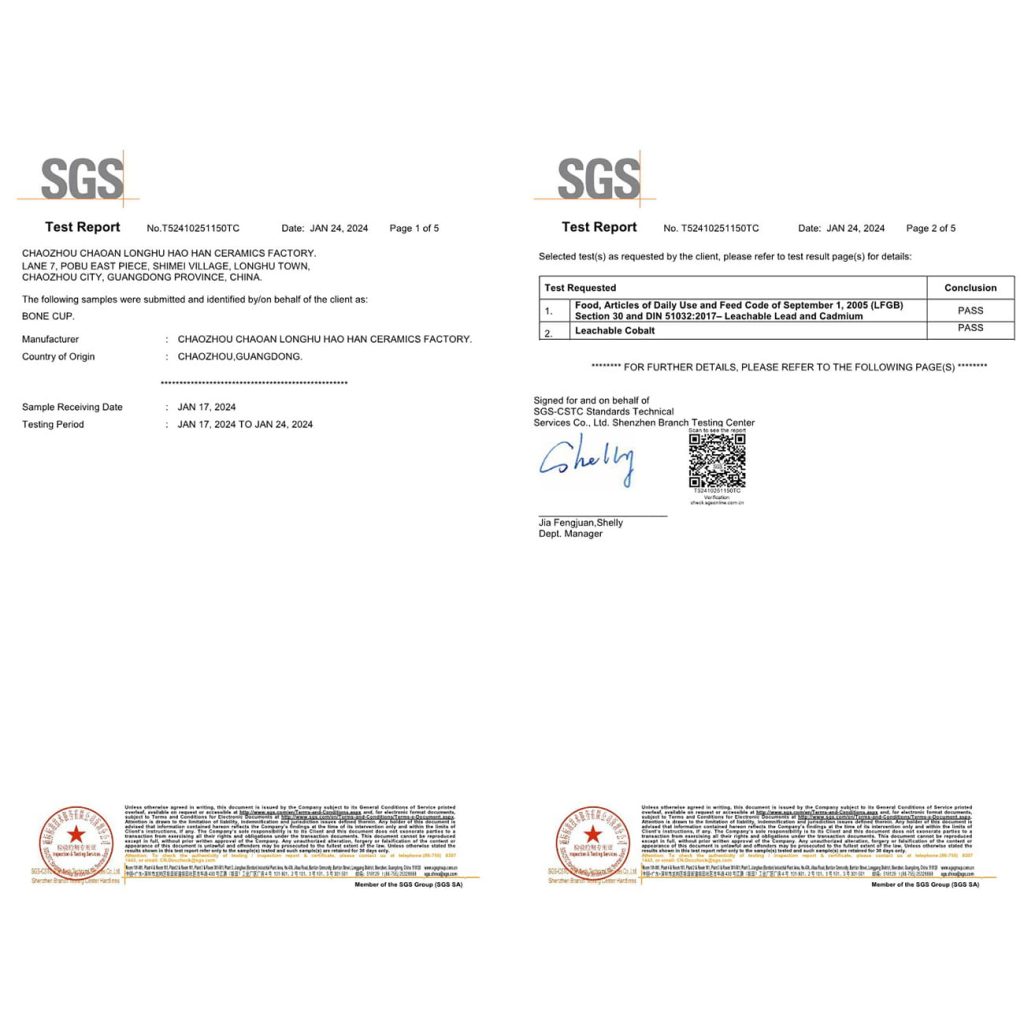 SGS LFGB German Food Code test report issued to Haohan Ceramics Factory - Form Feast ceramic bone cup