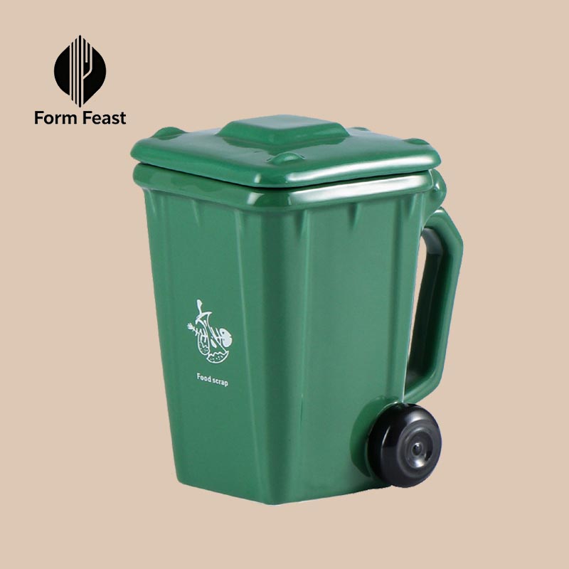 Green trash can ceramic mug with Form Feast logo - custom wholesale