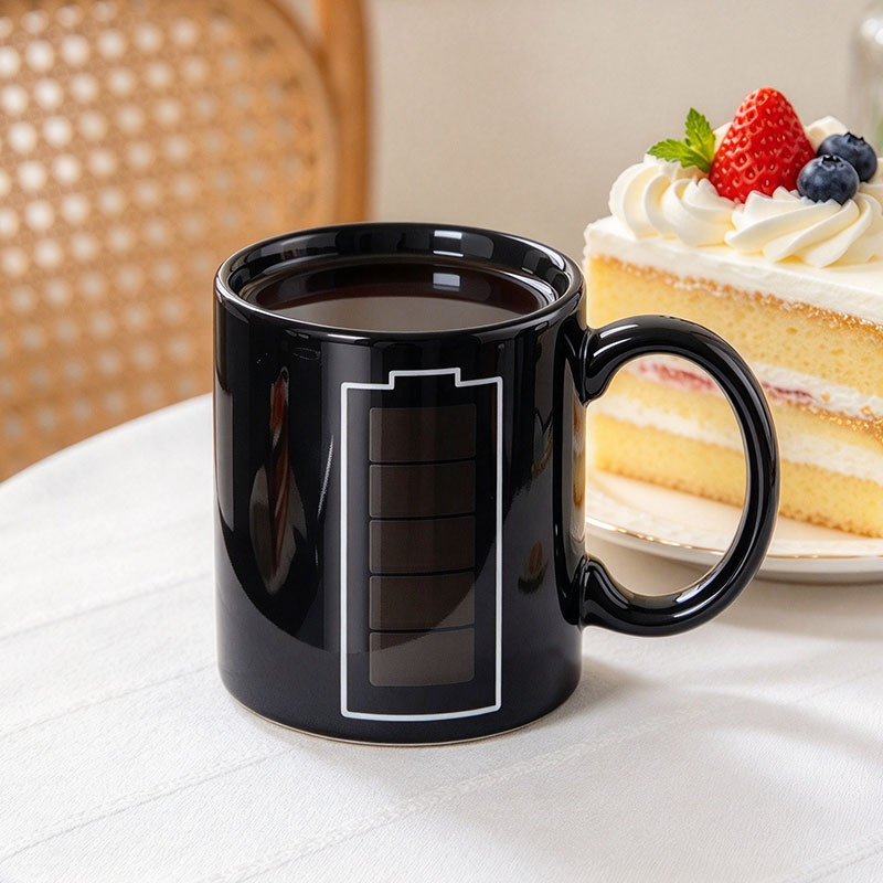 Black battery mug cold state on table with cake - Form Feast