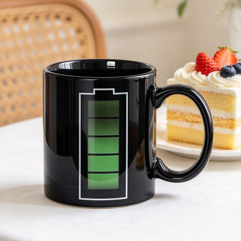 Black battery mug showing green cells after hot water added - Form Feast