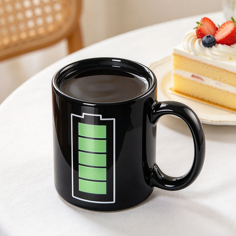 Black battery mug side view with green charge - Form Feast