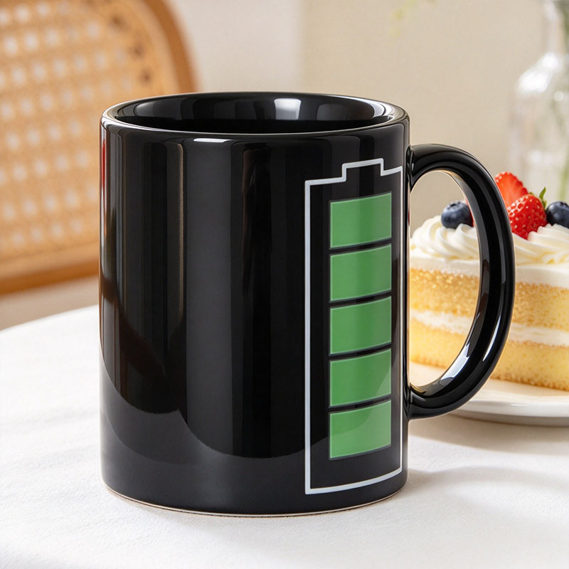 Black battery mug with green cells on cafe table - Form Feast