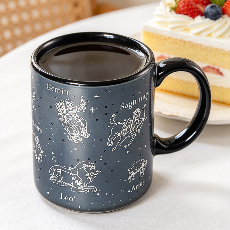 Black constellation mug with hot coffee showing zodiac signs - Form Feast