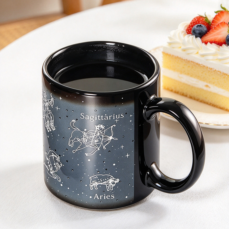 Black constellation mug showing full zodiac design with hot water - Form Feast