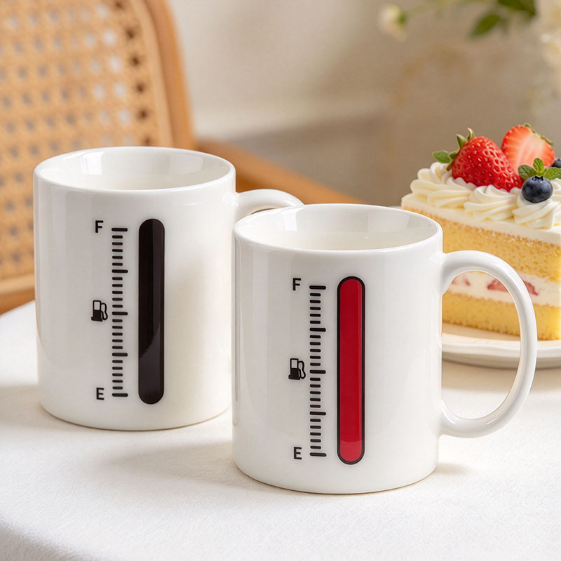 Two white thermometer mugs before and after hot water - Form Feast